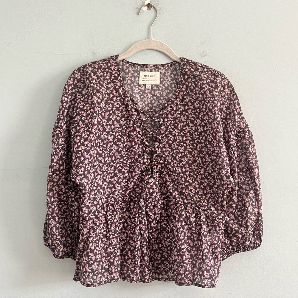 McGuire Purple Floral Lace Up Gray Cotton‎ Long Sleeve Blouse